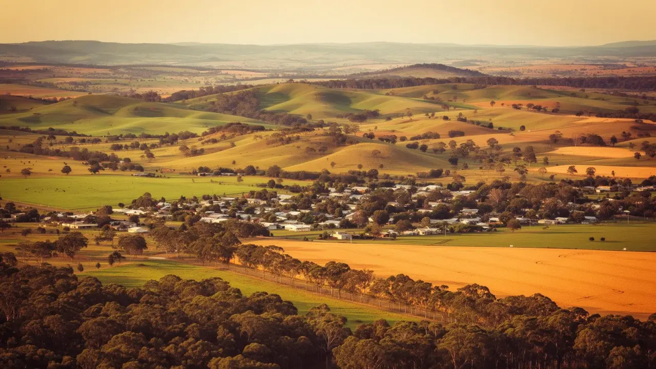 Aerial view of the Burnett Region countryside with rolling green hills